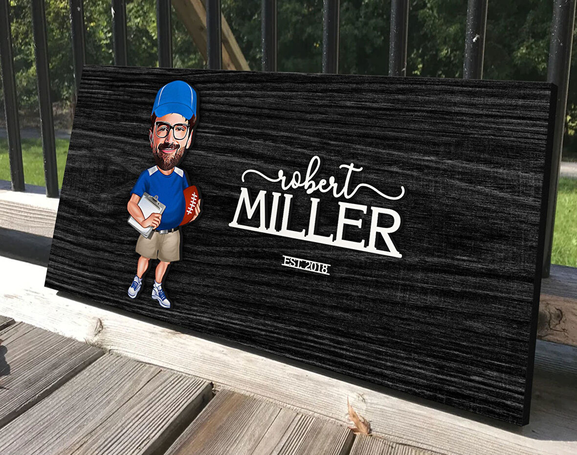 BK Gift Kişiye Özel Erkek Amerikan Futbolu Karikatürlü Antik Siyah (Ebony) Ahşap Tabela-1, Dekoratif Tabela, Rustik Ev Dekorasyonu, Duvar Dekoru