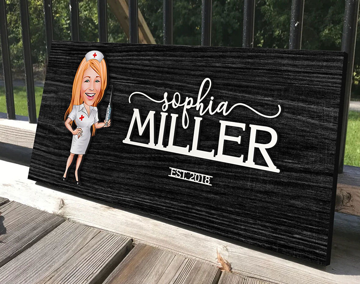 BK Gift Kişiye Özel Hemşire Karikatürlü Antik Siyah (Ebony) Ahşap Tabela-1, Dekoratif Tabela, Rustik Ev Dekorasyonu, Duvar Dekoru