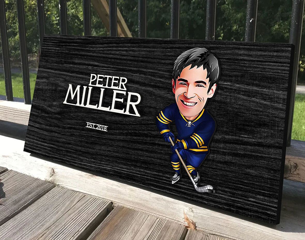 BK Gift Kişiye Özel Hokey Oyunucusu Karikatürlü Antik Siyah (Ebony) Ahşap Tabela-2, Dekoratif Tabela, Rustik Ev Dekorasyonu, Duvar Dekoru