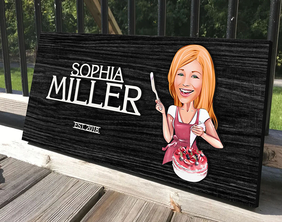 BK Gift Kişiye Özel Kadın Aşçı Karikatürlü Antik Siyah (Ebony) Ahşap Tabela-1, Dekoratif Tabela, Rustik Ev Dekorasyonu, Duvar Dekoru