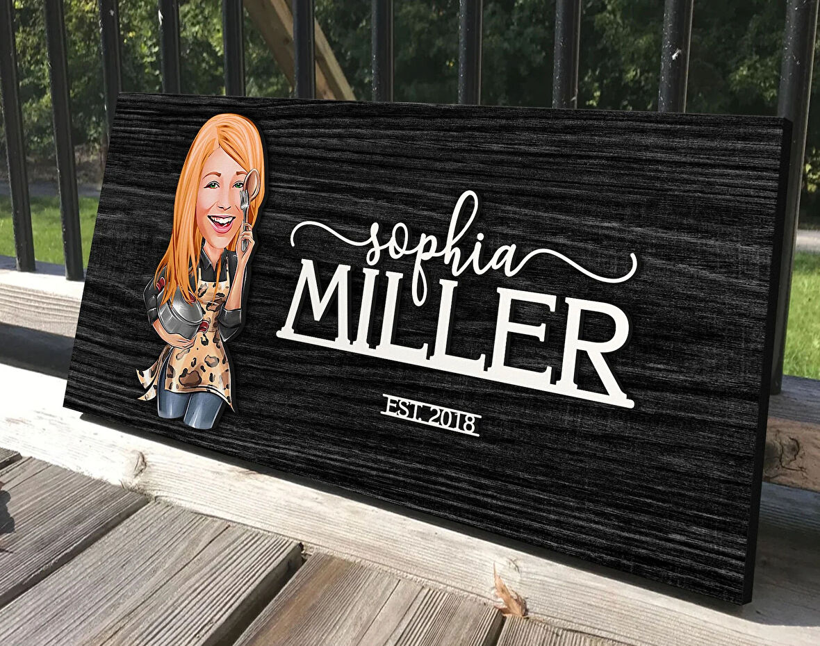 BK Gift Kişiye Özel Kadın Aşçı Karikatürlü Antik Siyah (Ebony) Ahşap Tabela-2, Dekoratif Tabela, Rustik Ev Dekorasyonu, Duvar Dekoru