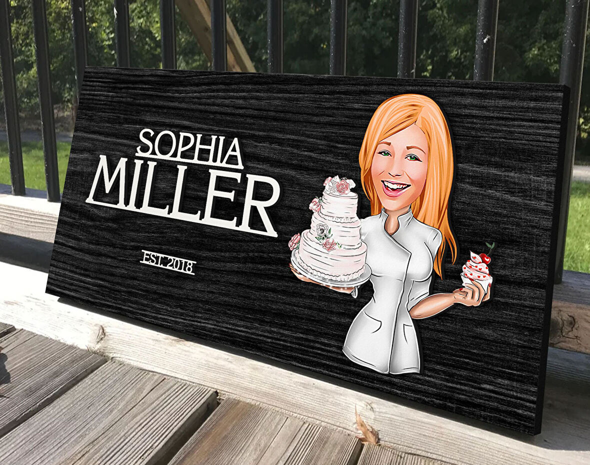 BK Gift Kişiye Özel Kadın Aşçı Karikatürlü Antik Siyah (Ebony) Ahşap Tabela-3, Dekoratif Tabela, Rustik Ev Dekorasyonu, Duvar Dekoru