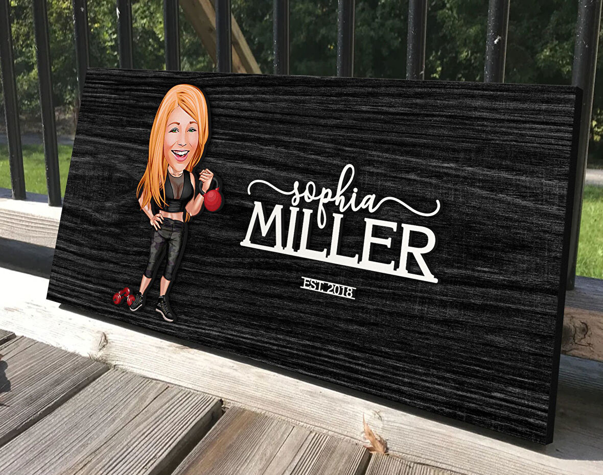 BK Gift Kişiye Özel Kadın Fitness Karikatürlü Antik Siyah (Ebony) Ahşap Tabela-1, Dekoratif Tabela, Rustik Ev Dekorasyonu, Duvar Dekoru