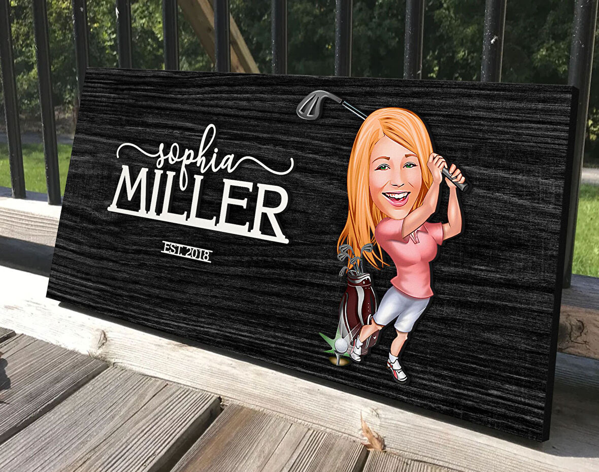 BK Gift Kişiye Özel Kadın Golfçu Karikatürlü Antik Siyah (Ebony) Ahşap Tabela-1, Dekoratif Tabela, Rustik Ev Dekorasyonu, Duvar Dekoru