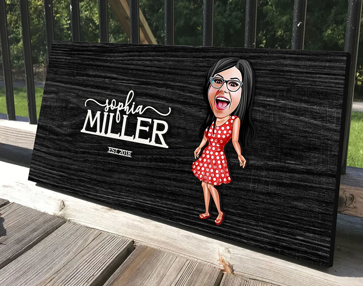 BK Gift Kişiye Özel Kadın Karikatürlü Antik Siyah (Ebony) Ahşap Tabela-10, Dekoratif Tabela, Rustik Ev Dekorasyonu, Duvar Dekoru