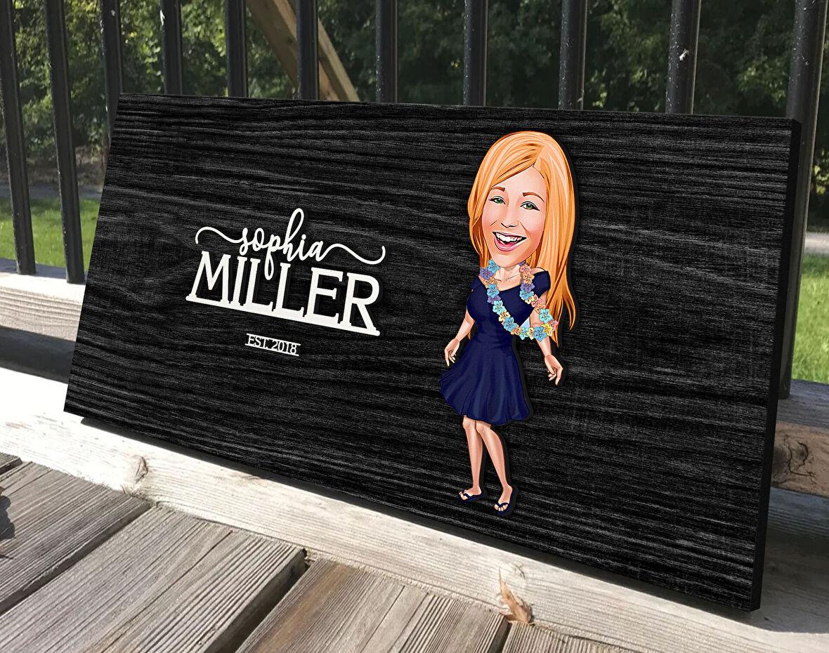 BK Gift Kişiye Özel Kadın Karikatürlü Antik Siyah (Ebony) Ahşap Tabela-11, Dekoratif Tabela, Rustik Ev Dekorasyonu, Duvar Dekoru