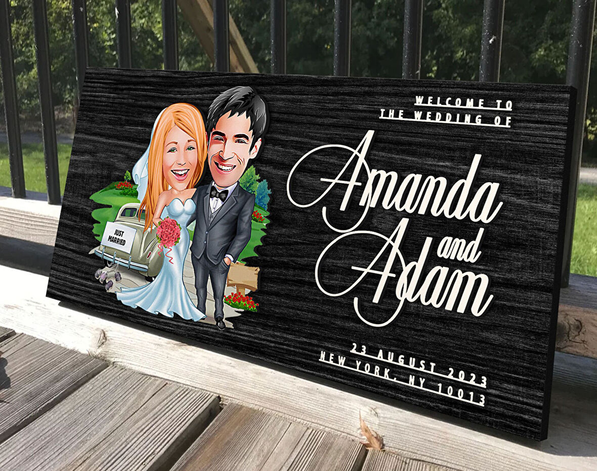 BK Gift Kişiye Özel Evleniyoruz Karikatürlü Antik Siyah (Ebony) Ahşap Tabela-1, Dekoratif Tabela, Rustik Ev Dekorasyonu, Duvar Dekoru