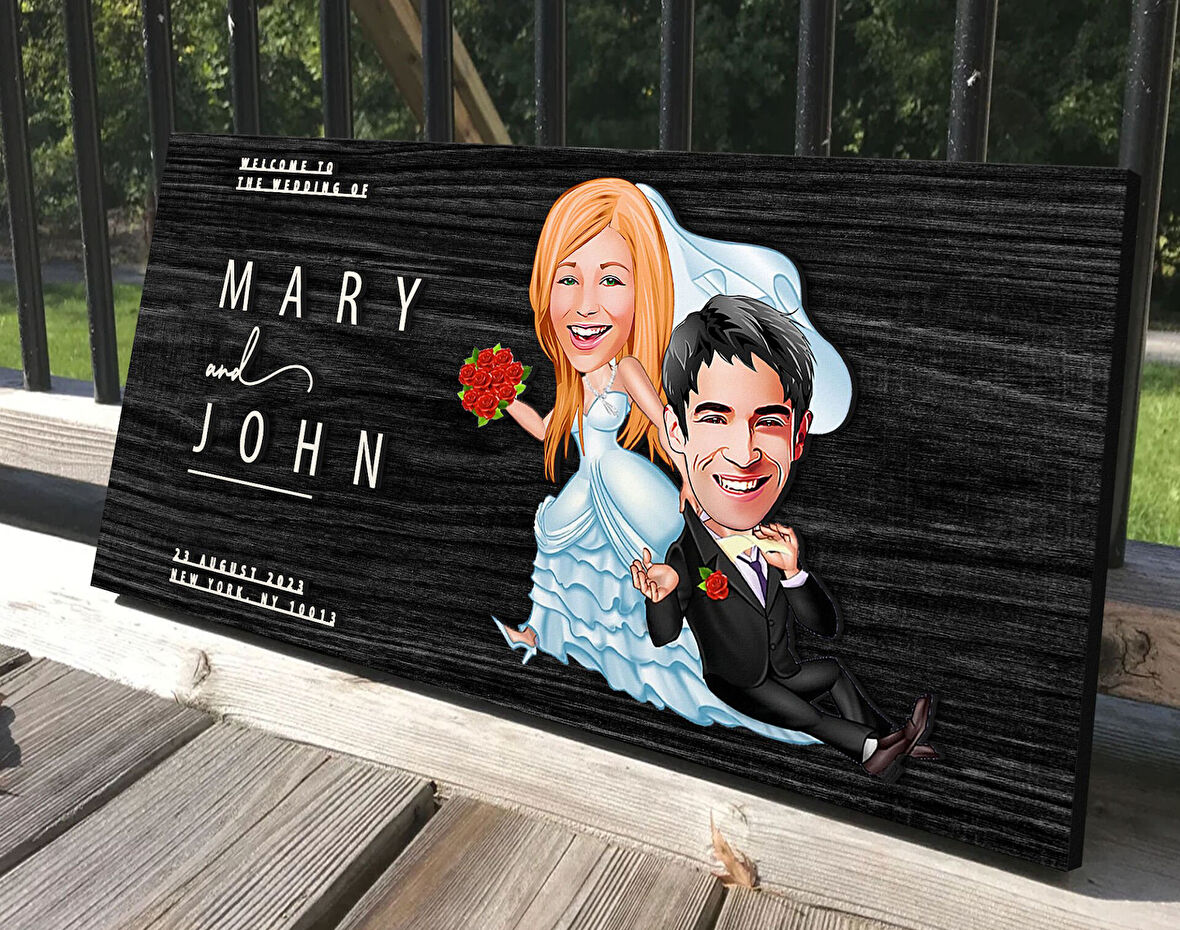 BK Gift Kişiye Özel Evleniyoruz Karikatürlü Antik Siyah (Ebony) Ahşap Tabela-2, Dekoratif Tabela, Rustik Ev Dekorasyonu, Duvar Dekoru