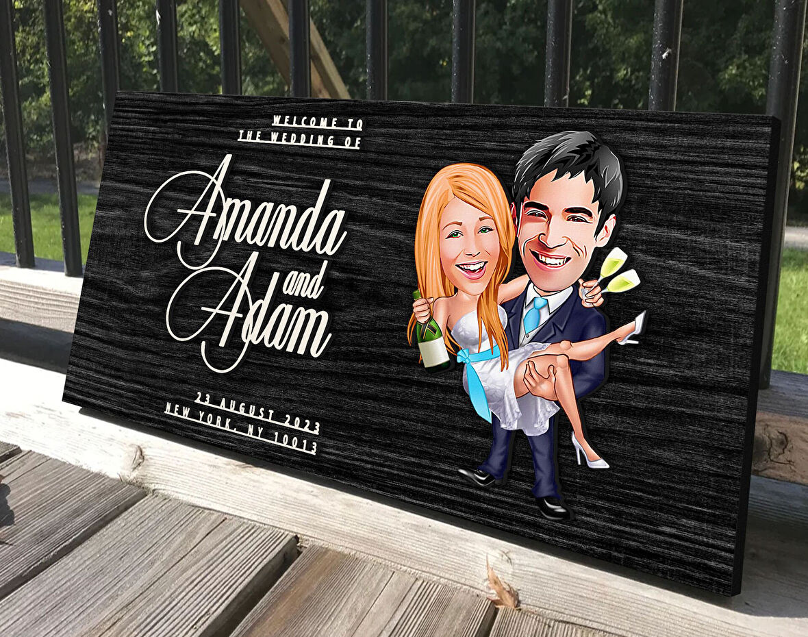 BK Gift Kişiye Özel Evleniyoruz Karikatürlü Antik Siyah (Ebony) Ahşap Tabela-4, Dekoratif Tabela, Rustik Ev Dekorasyonu, Duvar Dekoru