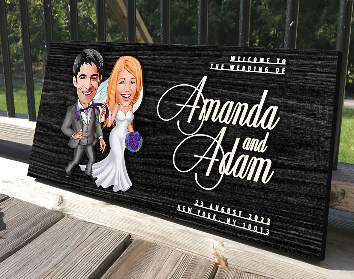 BK Gift Kişiye Özel Evleniyoruz Karikatürlü Antik Siyah (Ebony) Ahşap Tabela-5, Dekoratif Tabela, Rustik Ev Dekorasyonu, Duvar Dekoru