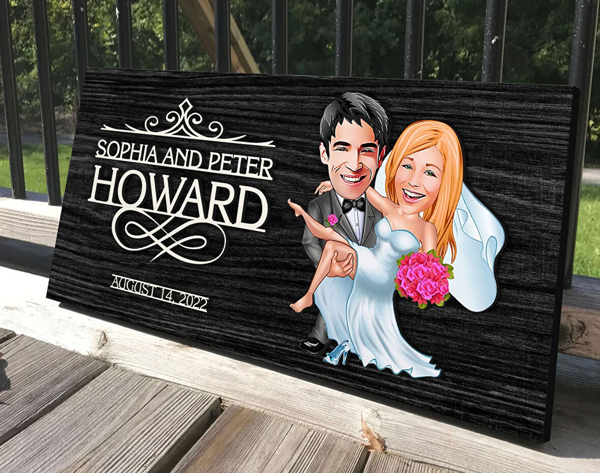 BK Gift Kişiye Özel Evleniyoruz Karikatürlü Antik Siyah (Ebony) Ahşap Tabela-9, Dekoratif Tabela, Rustik Ev Dekorasyonu, Duvar Dekoru