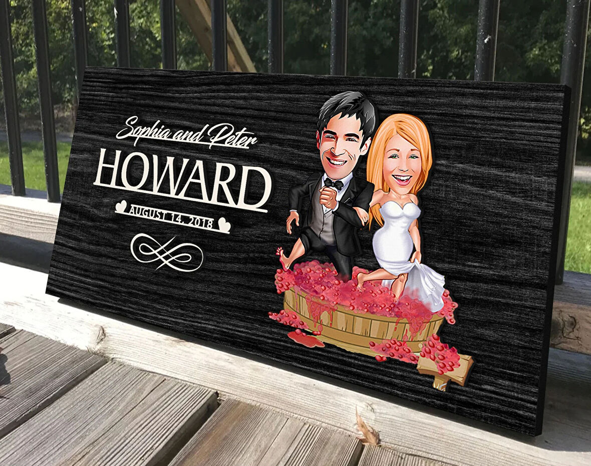 BK Gift Kişiye Özel Evleniyoruz Karikatürlü Antik Siyah (Ebony) Ahşap Tabela-10, Dekoratif Tabela, Rustik Ev Dekorasyonu, Duvar Dekoru