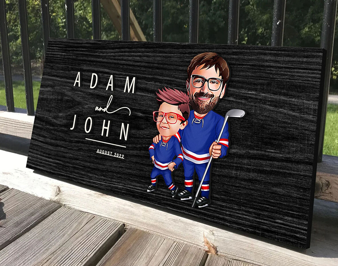 BK Gift Kişiye Özel Buz Hokeyi Baba Oğul Karikatürlü Antik Siyah (Ebony) Ahşap Tabela-1, Dekoratif Tabela, Rustik Ev Dekorasyonu, Duvar Dekoru