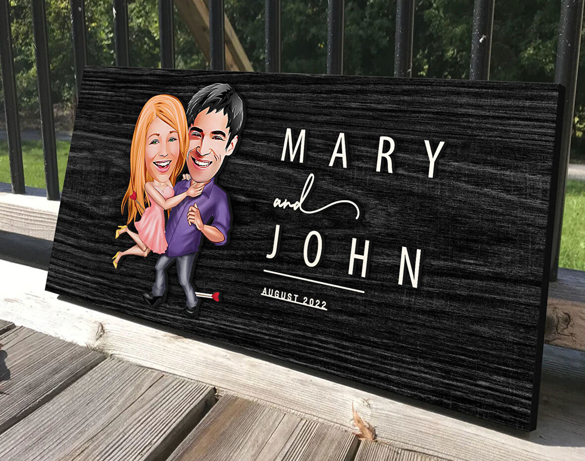 BK Gift Kişiye Özel Sevgililer Karikatürlü Antik Siyah (Ebony) Ahşap Tabela-3, Dekoratif Tabela, Rustik Ev Dekorasyonu, Duvar Dekoru