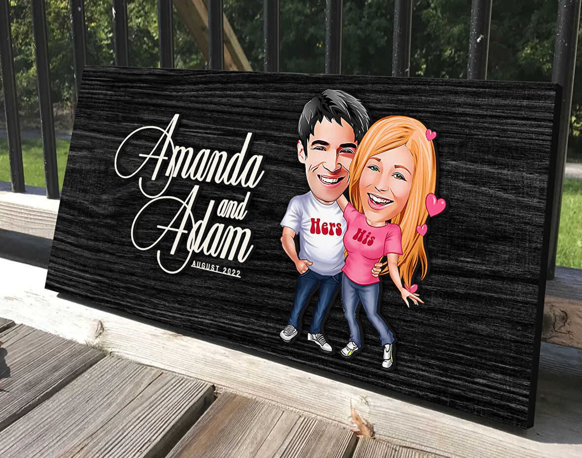 BK Gift Kişiye Özel Sevgililer Karikatürlü Antik Siyah (Ebony) Ahşap Tabela-5, Dekoratif Tabela, Rustik Ev Dekorasyonu, Duvar Dekoru