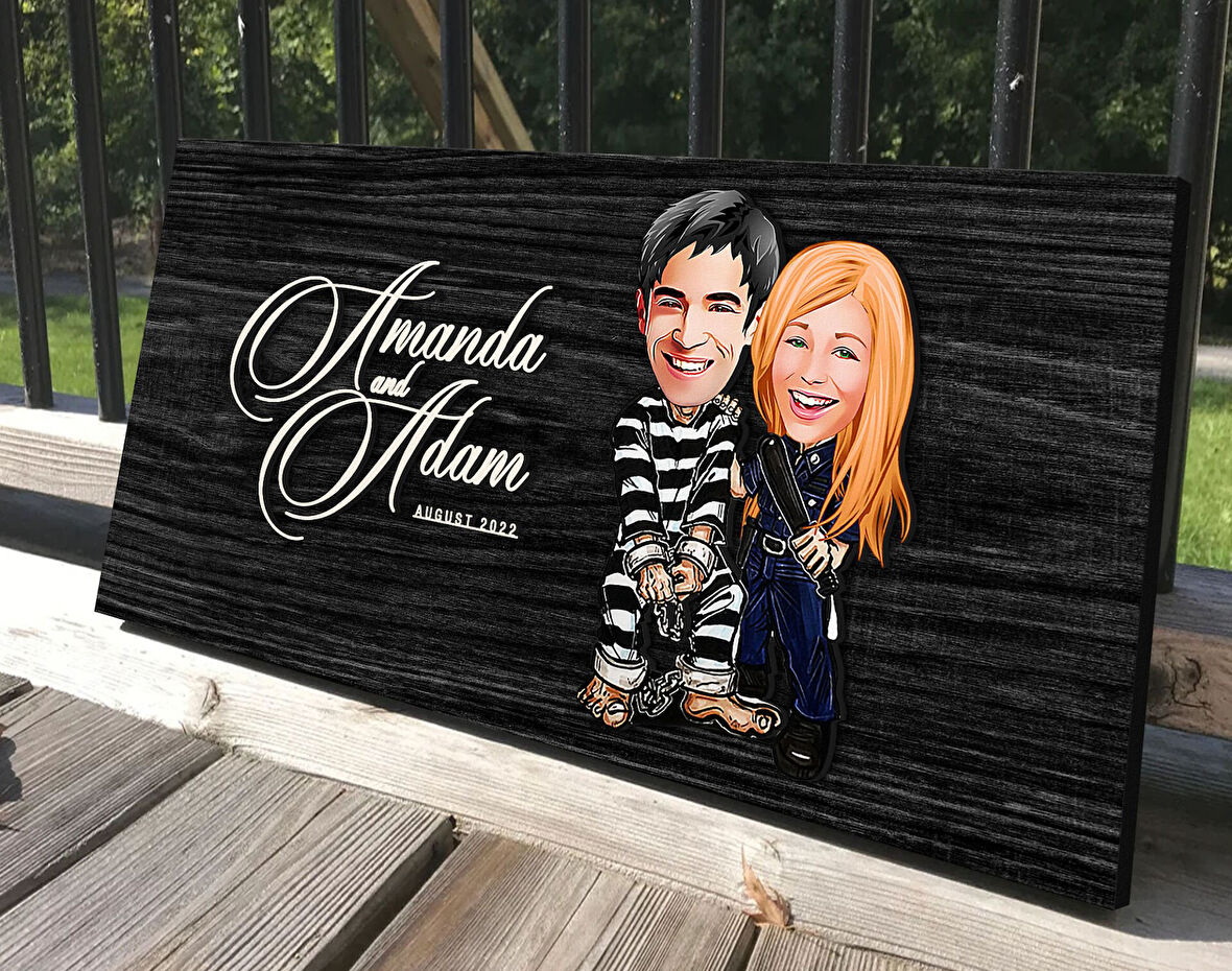 BK Gift Kişiye Özel Sevgililer Karikatürlü Antik Siyah (Ebony) Ahşap Tabela-7, Dekoratif Tabela, Rustik Ev Dekorasyonu, Duvar Dekoru