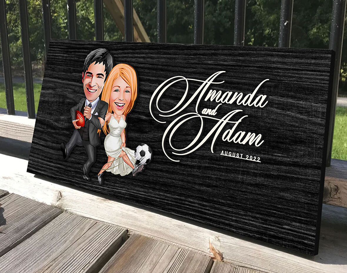 BK Gift Kişiye Özel Sevgililer Karikatürlü Antik Siyah (Ebony) Ahşap Tabela-15, Dekoratif Tabela, Rustik Ev Dekorasyonu, Duvar Dekoru