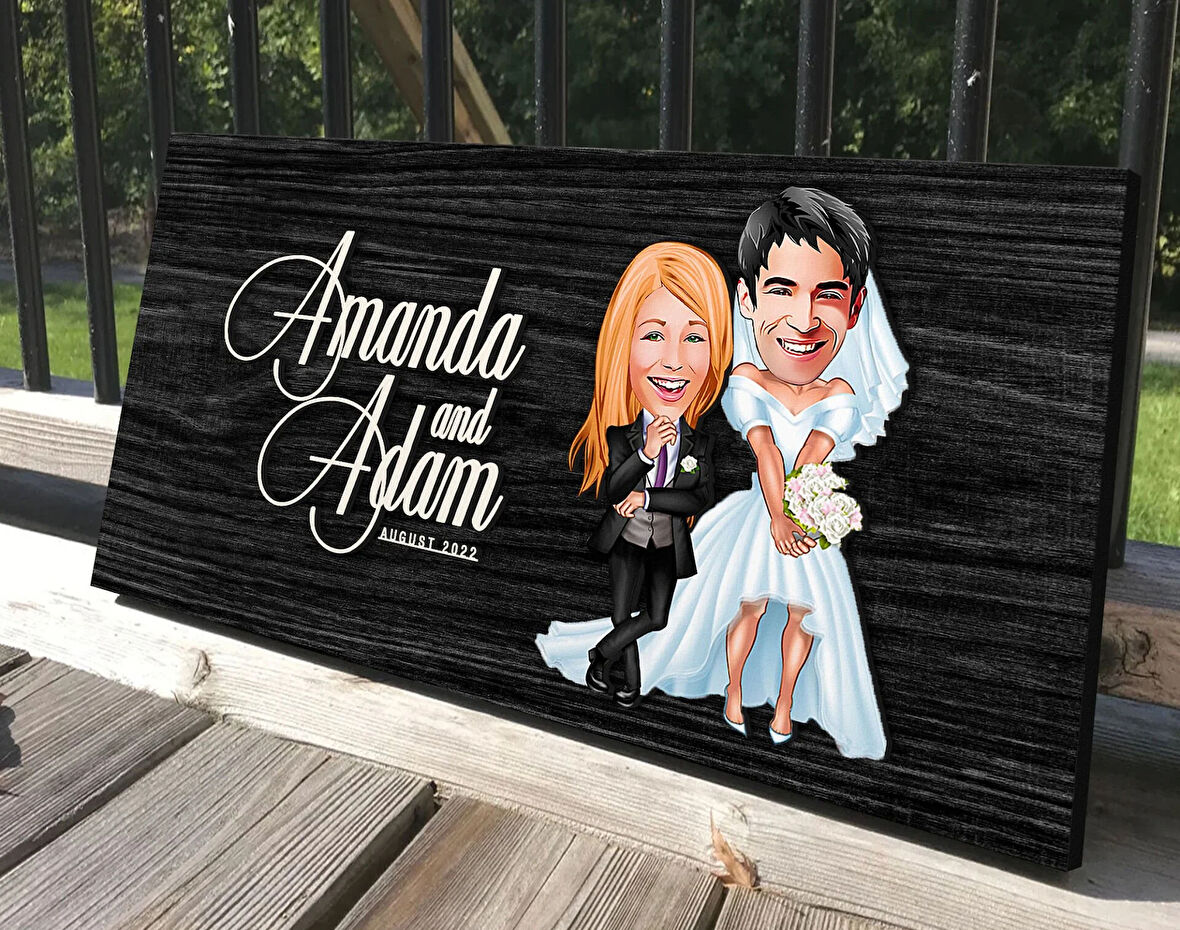 BK Gift Kişiye Özel Sevgililer Karikatürlü Antik Siyah (Ebony) Ahşap Tabela-16, Dekoratif Tabela, Rustik Ev Dekorasyonu, Duvar Dekoru