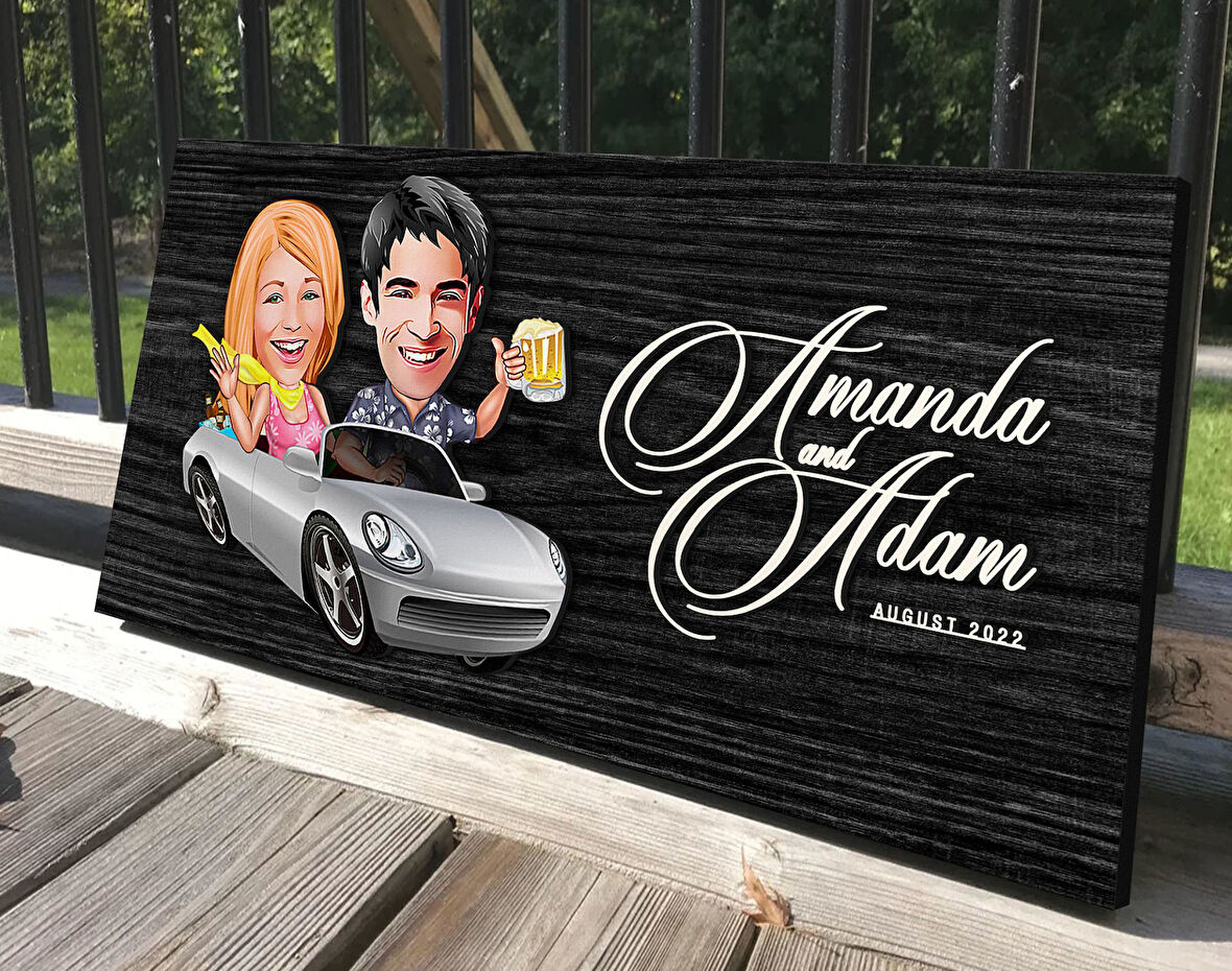 BK Gift Kişiye Özel Sevgililer Karikatürlü Antik Siyah (Ebony) Ahşap Tabela-53, Dekoratif Tabela, Rustik Ev Dekorasyonu, Duvar Dekoru