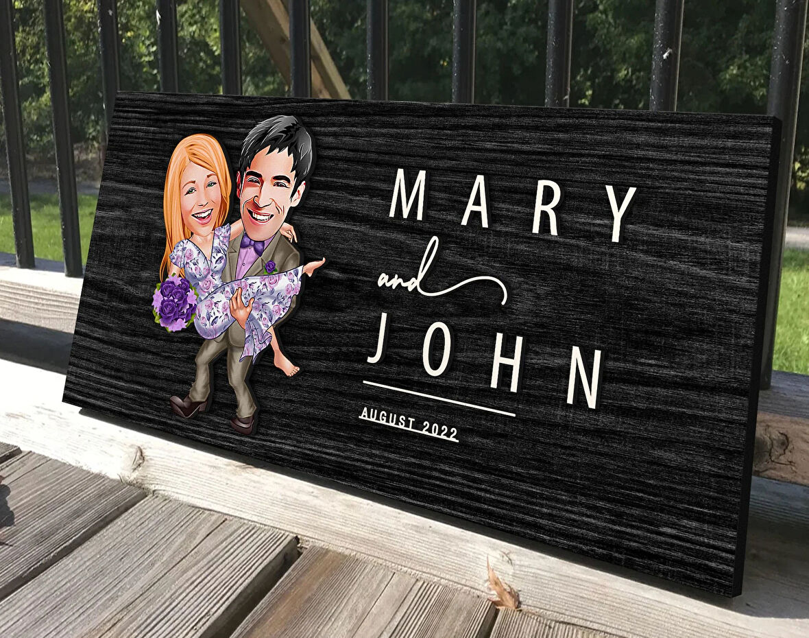 BK Gift Kişiye Özel Sevgililer Karikatürlü Antik Siyah (Ebony) Ahşap Tabela-56, Dekoratif Tabela, Rustik Ev Dekorasyonu, Duvar Dekoru