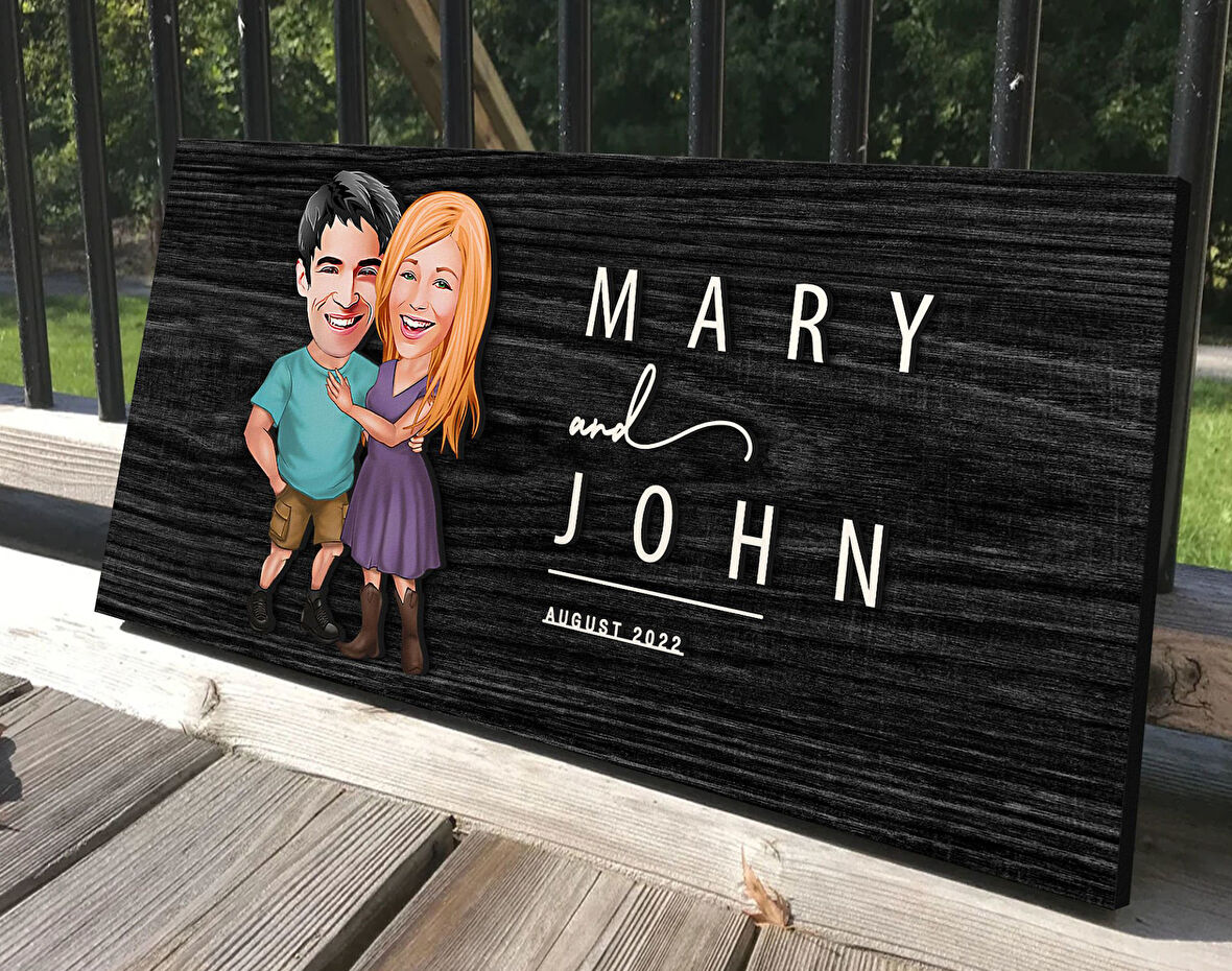 BK Gift Kişiye Özel Sevgililer Karikatürlü Antik Siyah (Ebony) Ahşap Tabela-80, Dekoratif Tabela, Rustik Ev Dekorasyonu, Duvar Dekoru