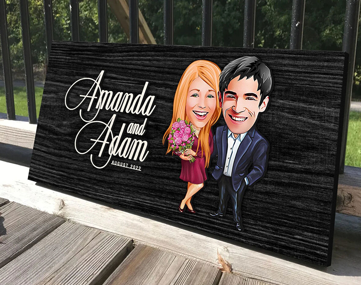 BK Gift Kişiye Özel Sevgililer Karikatürlü Antik Siyah (Ebony) Ahşap Tabela-94, Dekoratif Tabela, Rustik Ev Dekorasyonu, Duvar Dekoru