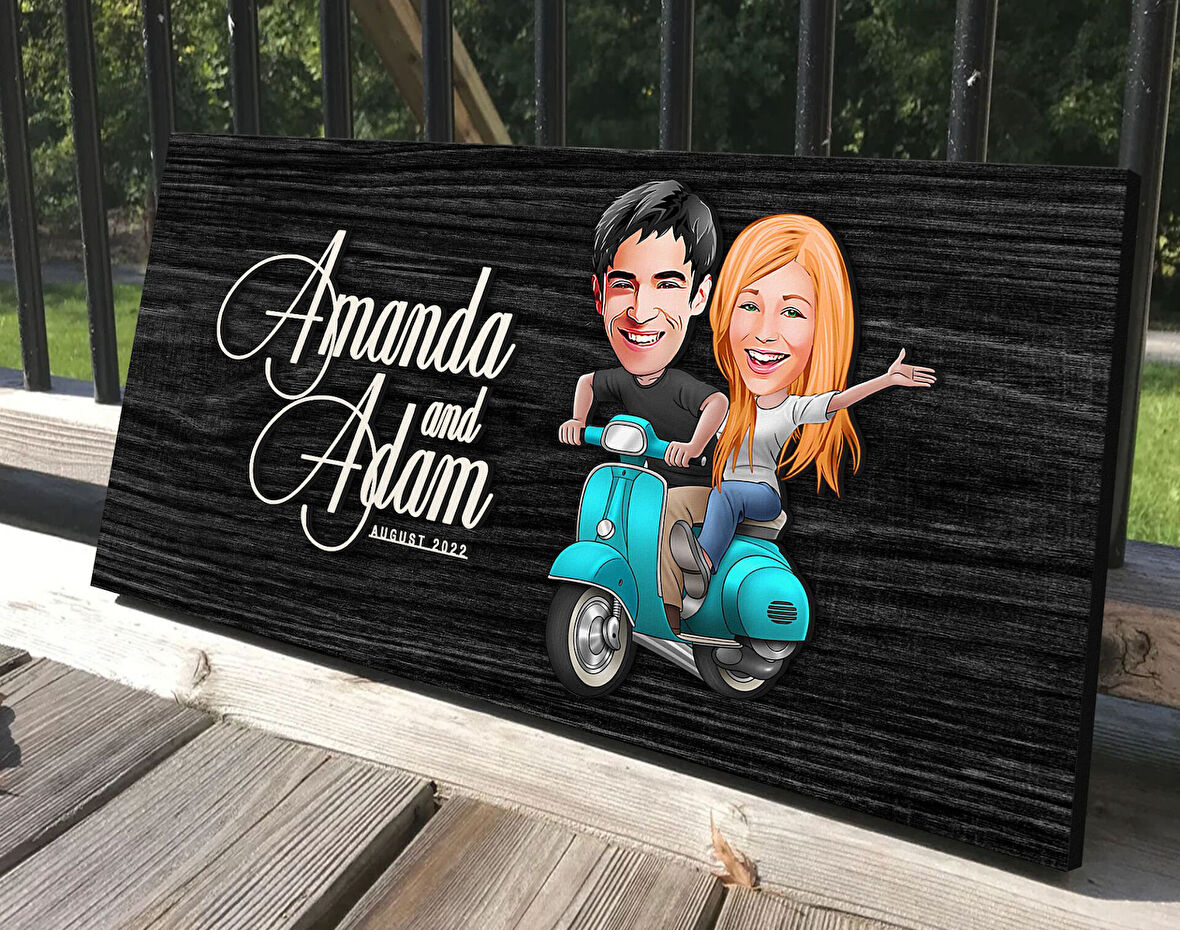 BK Gift Kişiye Özel Sevgililer Karikatürlü Antik Siyah (Ebony) Ahşap Tabela-99, Dekoratif Tabela, Rustik Ev Dekorasyonu, Duvar Dekoru