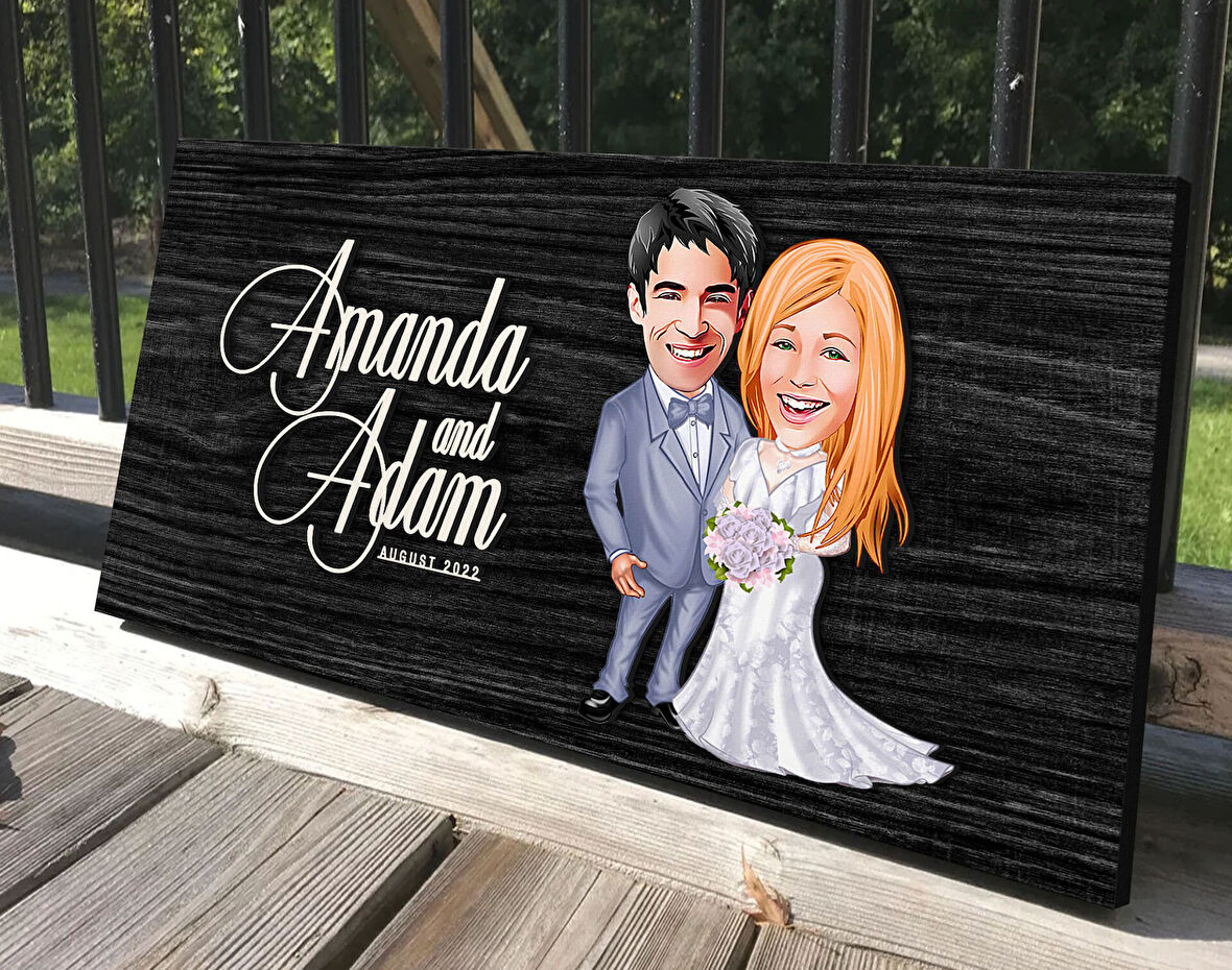 BK Gift Kişiye Özel Sevgililer Karikatürlü Antik Siyah (Ebony) Ahşap Tabela-104, Dekoratif Tabela, Rustik Ev Dekorasyonu, Duvar Dekoru