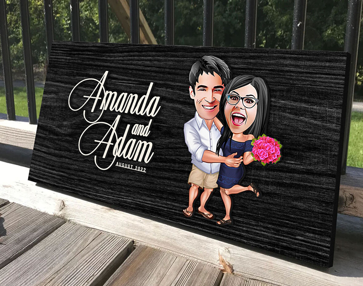 BK Gift Kişiye Özel Sevgililer Karikatürlü Antik Siyah (Ebony) Ahşap Tabela-108, Dekoratif Tabela, Rustik Ev Dekorasyonu, Duvar Dekoru