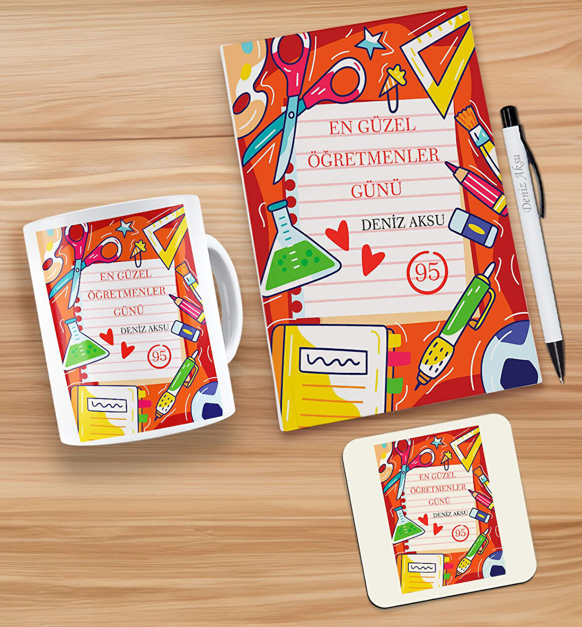 BK Gift Kişiye Özel İsimli Öğretmenler Günü Tasarımlı Beyaz Defter, Tükenmez Kalem, Kupa ve Bardak A