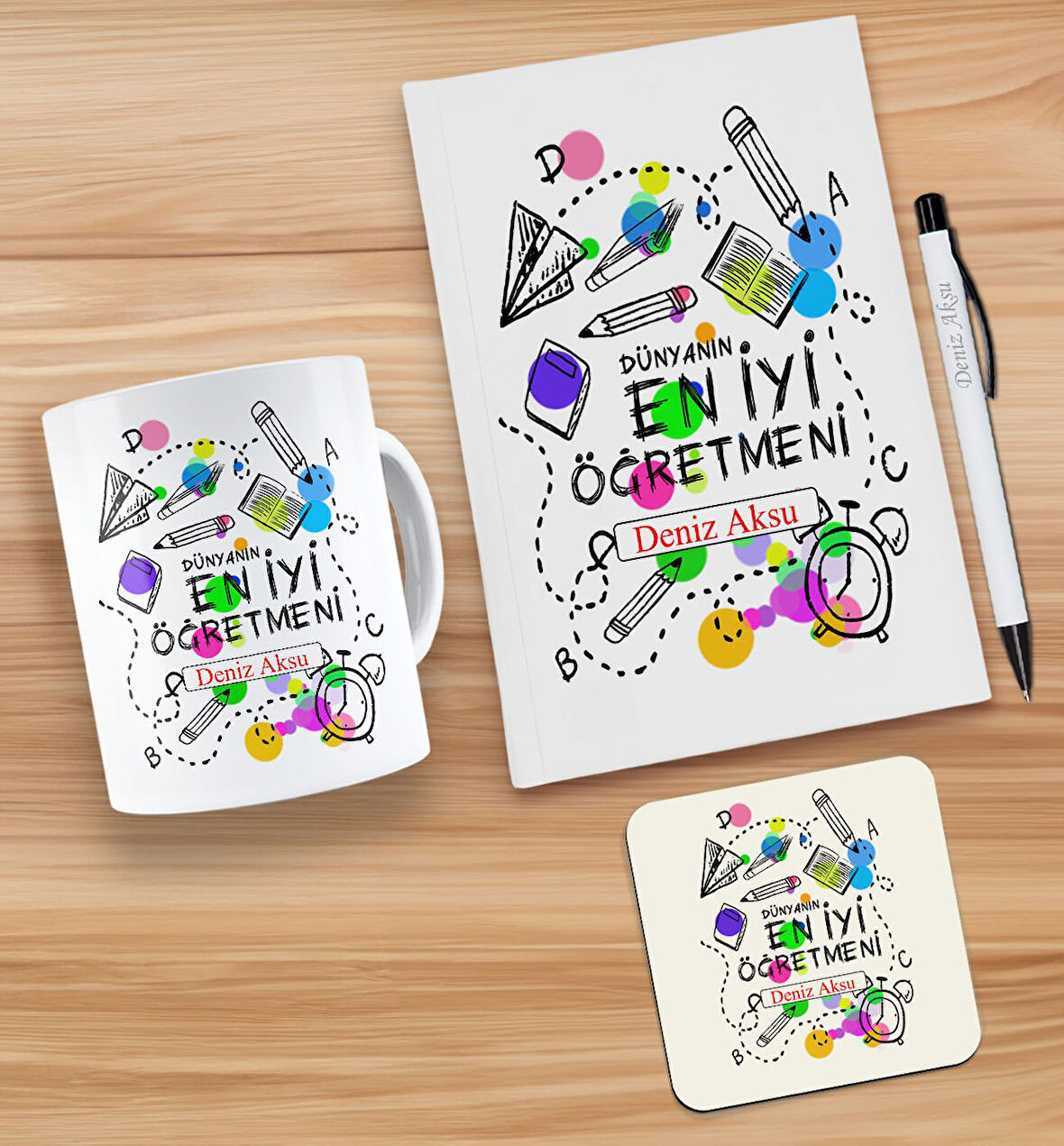 BK Gift Kişiye Özel İsimli Öğretmenler Günü Tasarımlı Beyaz Defter, Tükenmez Kalem, Kupa ve Bardak A
