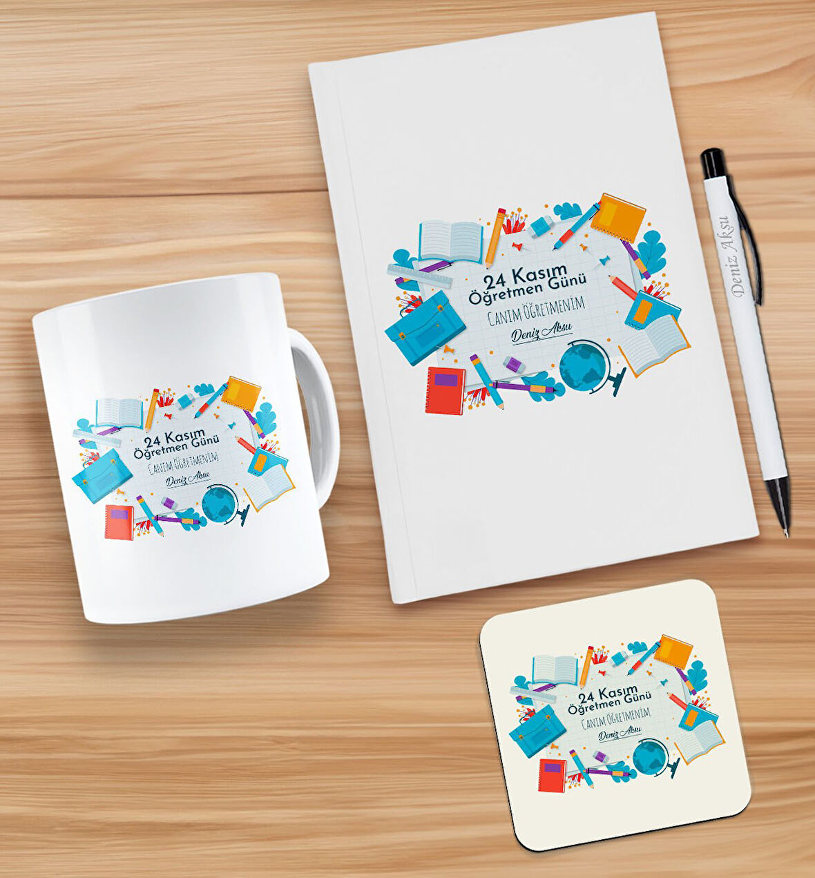 BK Gift Kişiye Özel İsimli Öğretmenler Günü Tasarımlı Beyaz Defter, Tükenmez Kalem, Kupa ve Bardak A