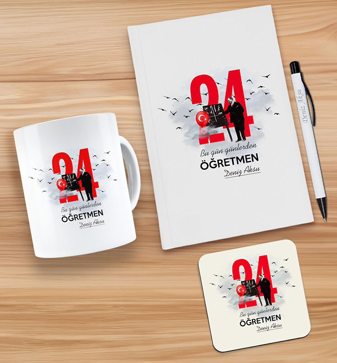 BK Gift Kişiye Özel İsimli Öğretmenler Günü Tasarımlı Beyaz Defter, Tükenmez Kalem, Kupa ve Bardak A