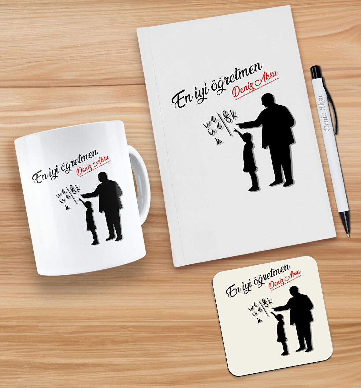 BK Gift Kişiye Özel İsimli Öğretmenler Günü Tasarımlı Beyaz Defter, Tükenmez Kalem, Kupa ve Bardak A