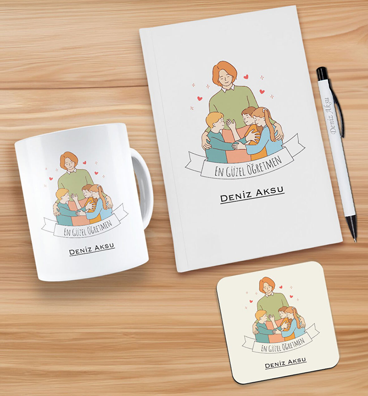 BK Gift Kişiye Özel İsimli Öğretmenler Günü Tasarımlı Beyaz Defter, Tükenmez Kalem, Kupa ve Bardak A