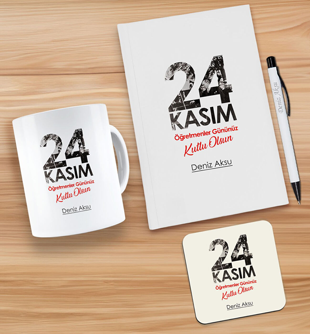 BK Gift Kişiye Özel İsimli Öğretmenler Günü Tasarımlı Beyaz Defter, Tükenmez Kalem, Kupa ve Bardak A