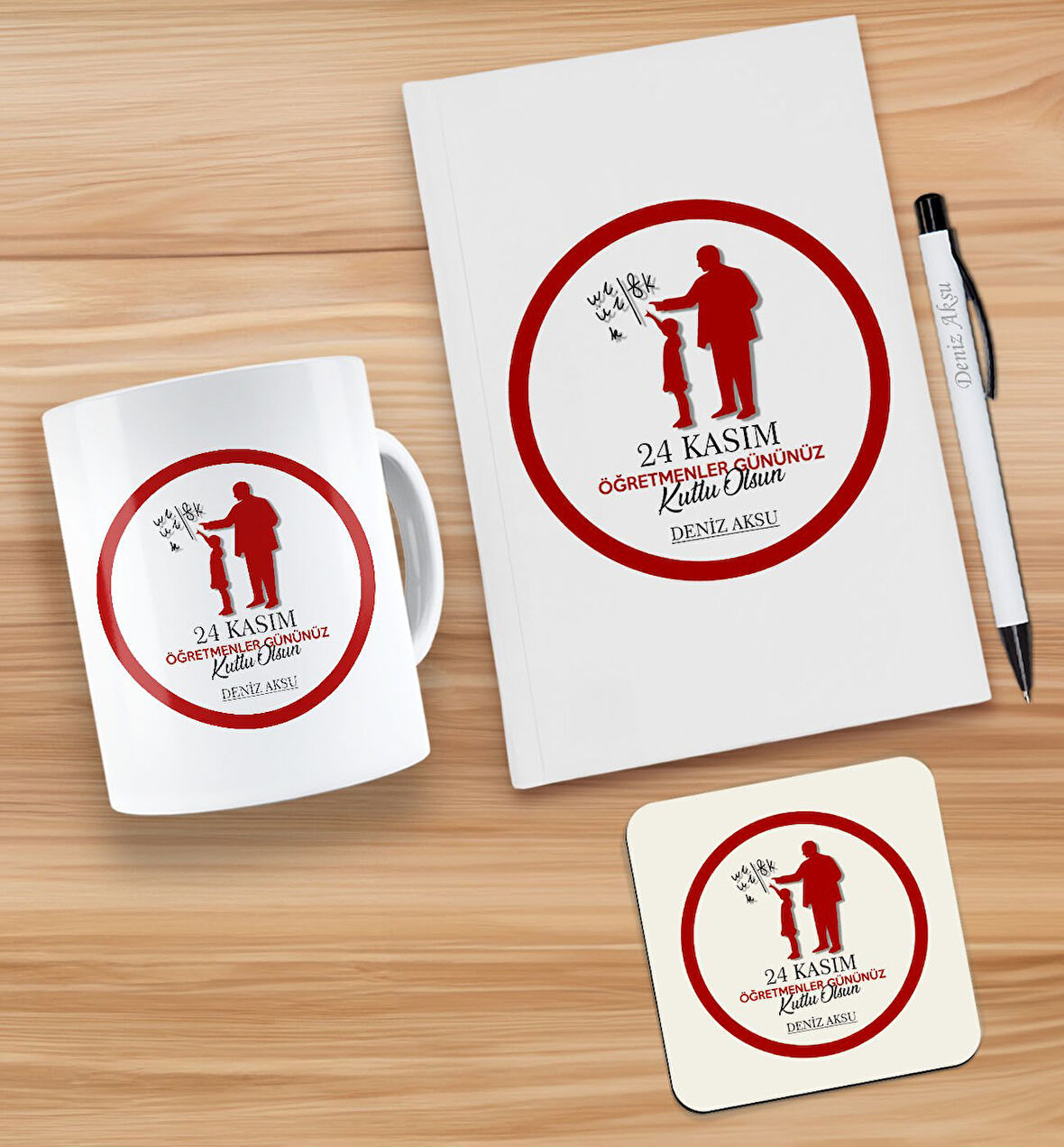 BK Gift Kişiye Özel İsimli Öğretmenler Günü Tasarımlı Beyaz Defter, Tükenmez Kalem, Kupa ve Bardak A