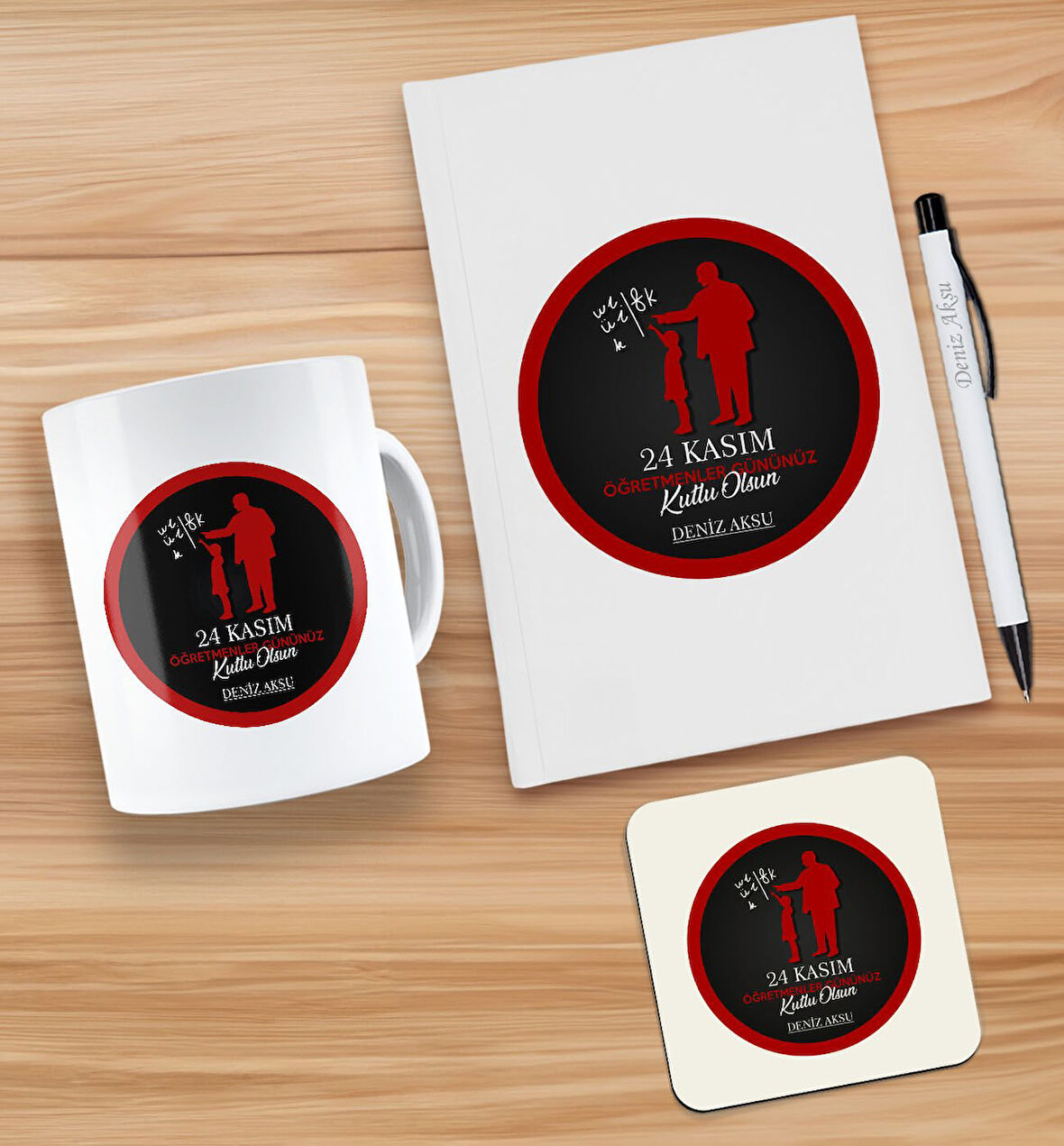 BK Gift Kişiye Özel İsimli Öğretmenler Günü Tasarımlı Beyaz Defter, Tükenmez Kalem, Kupa ve Bardak A