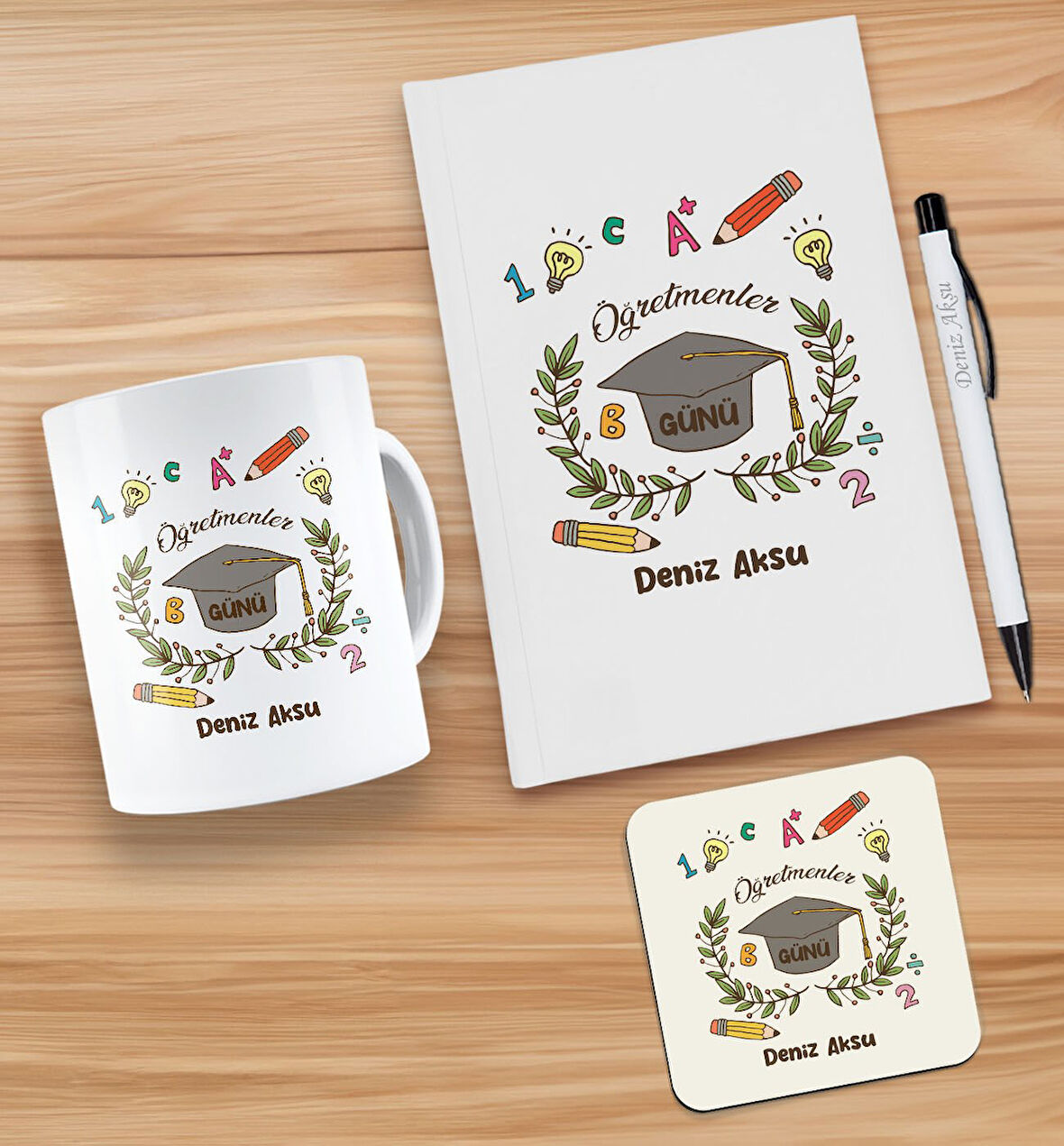 BK Gift Kişiye Özel İsimli Öğretmenler Günü Tasarımlı Beyaz Defter, Tükenmez Kalem, Kupa ve Bardak A