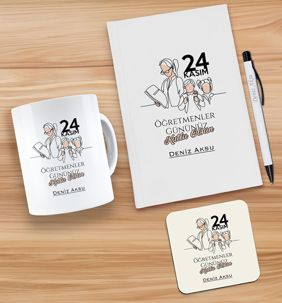 BK Gift Kişiye Özel İsimli Öğretmenler Günü Tasarımlı Beyaz Defter, Tükenmez Kalem, Kupa ve Bardak A