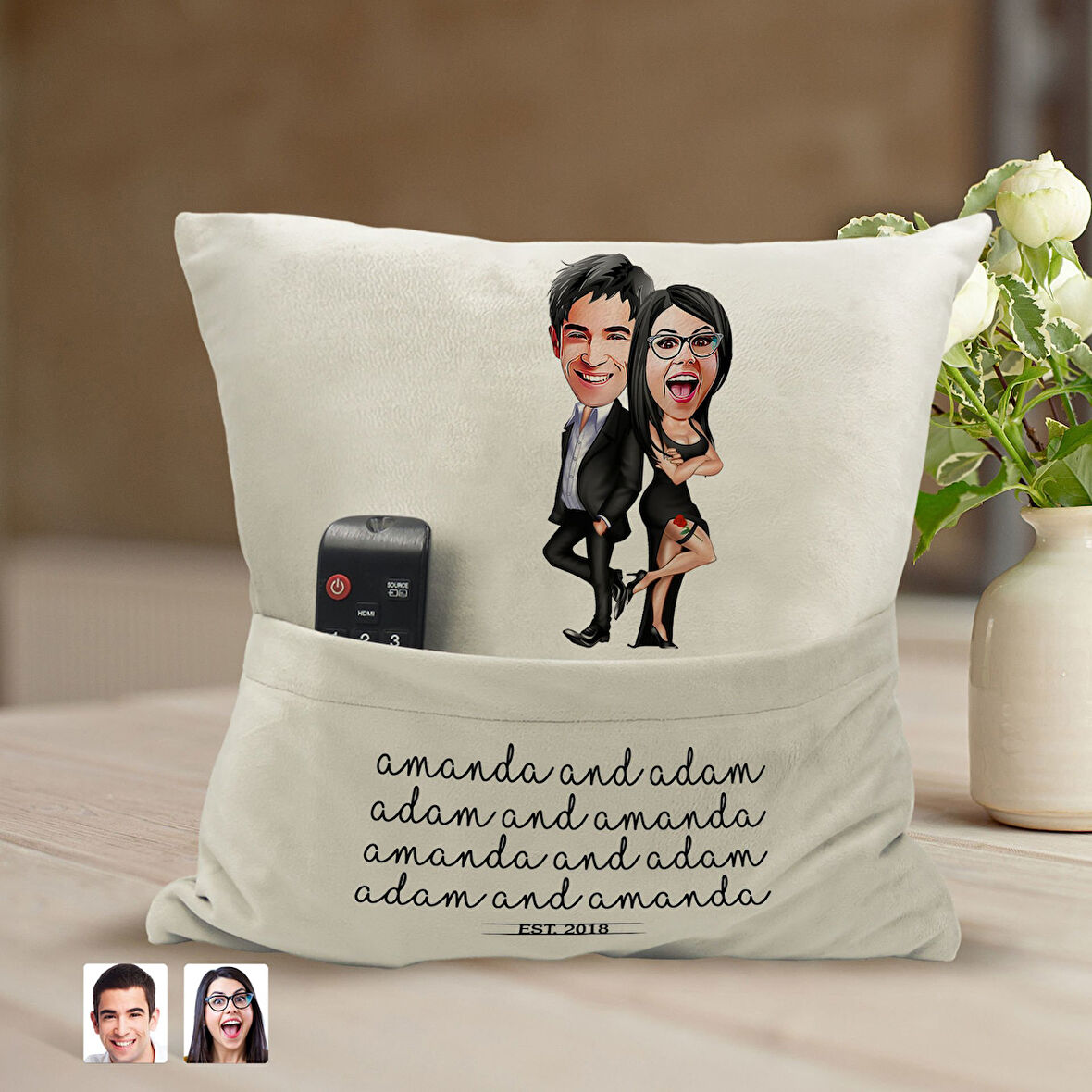BK Gift Kişiye Özel Sevgililer Karikatür Tasarımlı Organizer Kumanda ve Atıştırmalık Cepli Sarı Kırl