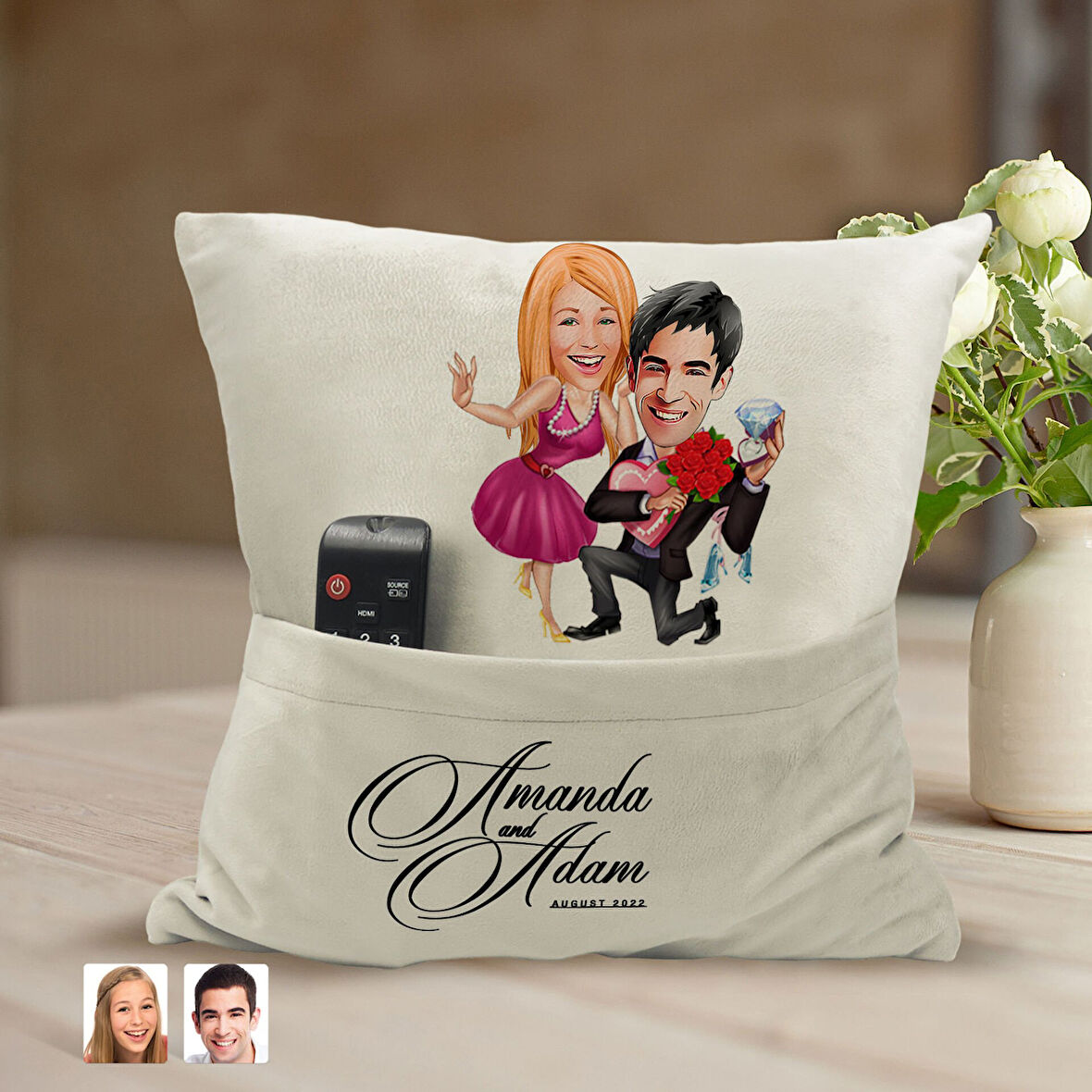 BK Gift Kişiye Özel Sevgililer Karikatür Tasarımlı Organizer Kumanda ve Atıştırmalık Cepli Sarı Kırl