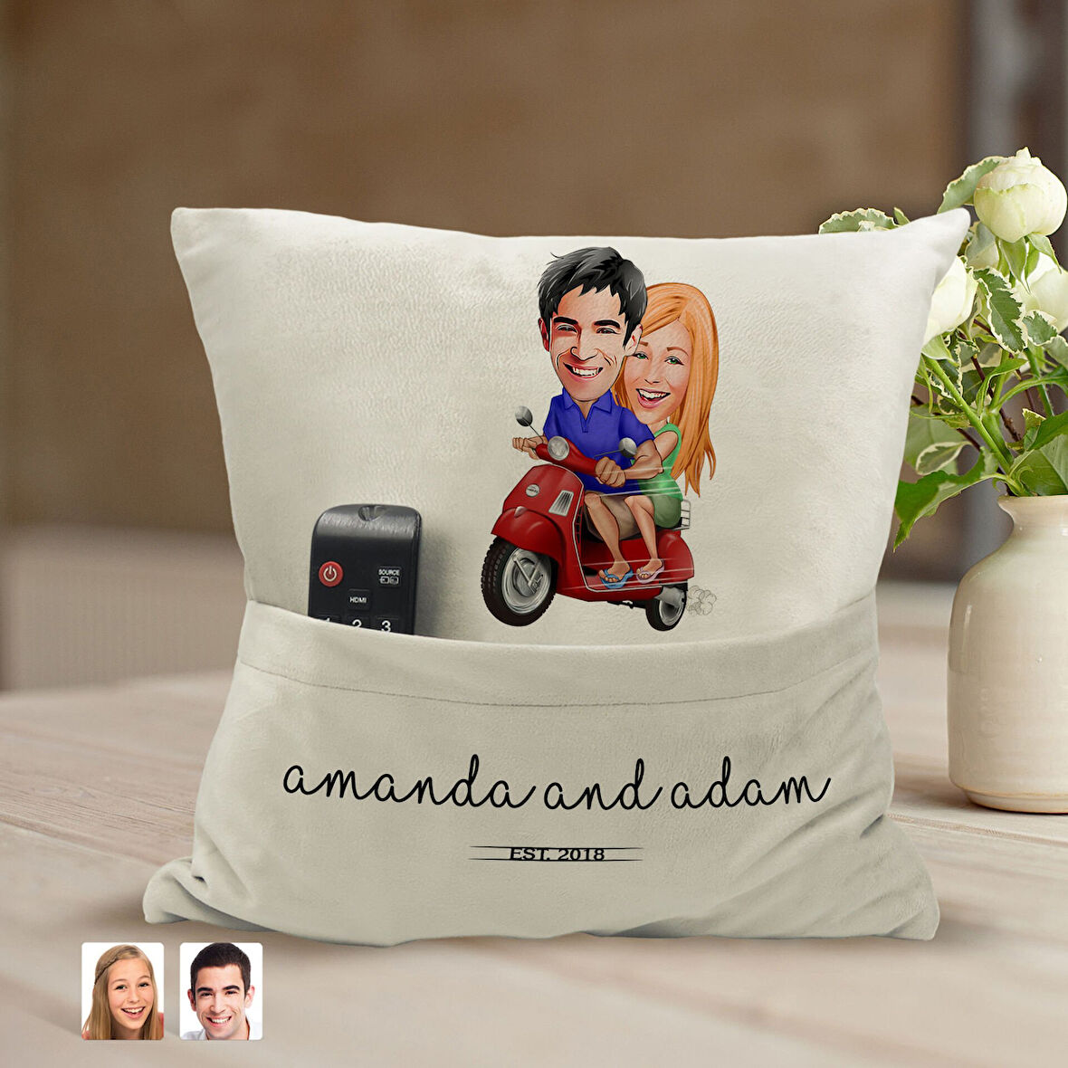 BK Gift Kişiye Özel Sevgililer Karikatür Tasarımlı Organizer Kumanda ve Atıştırmalık Cepli Sarı Kırl