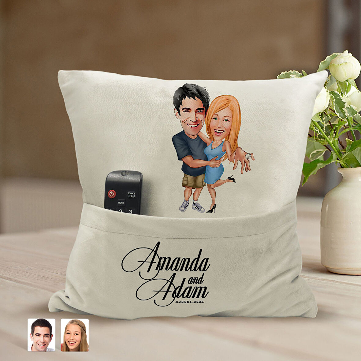 BK Gift Kişiye Özel Sevgililer Karikatür Tasarımlı Organizer Kumanda ve Atıştırmalık Cepli Sarı Kırl
