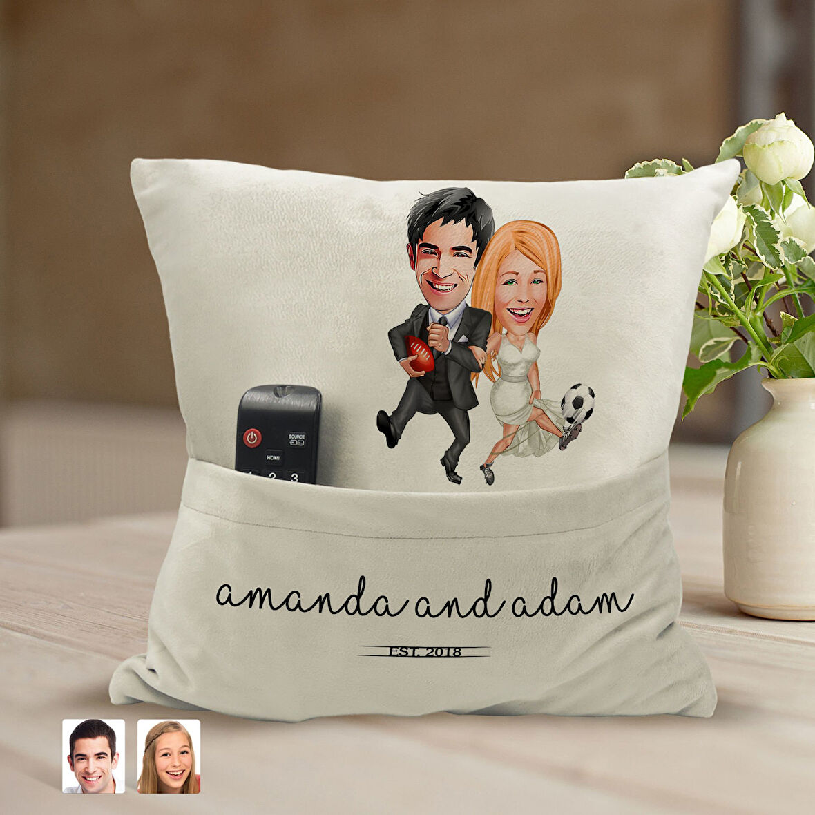 BK Gift Kişiye Özel Sevgililer Karikatür Tasarımlı Organizer Kumanda ve Atıştırmalık Cepli Sarı Kırl