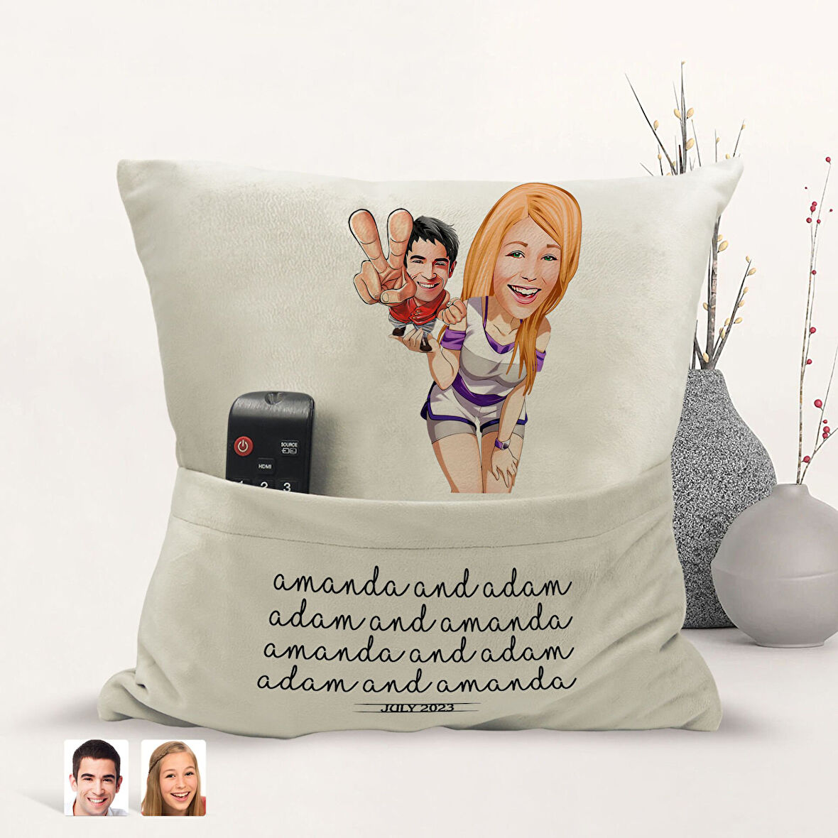 BK Gift Kişiye Özel Sevgililer Karikatür Tasarımlı Organizer Kumanda ve Atıştırmalık Cepli Sarı Kırl