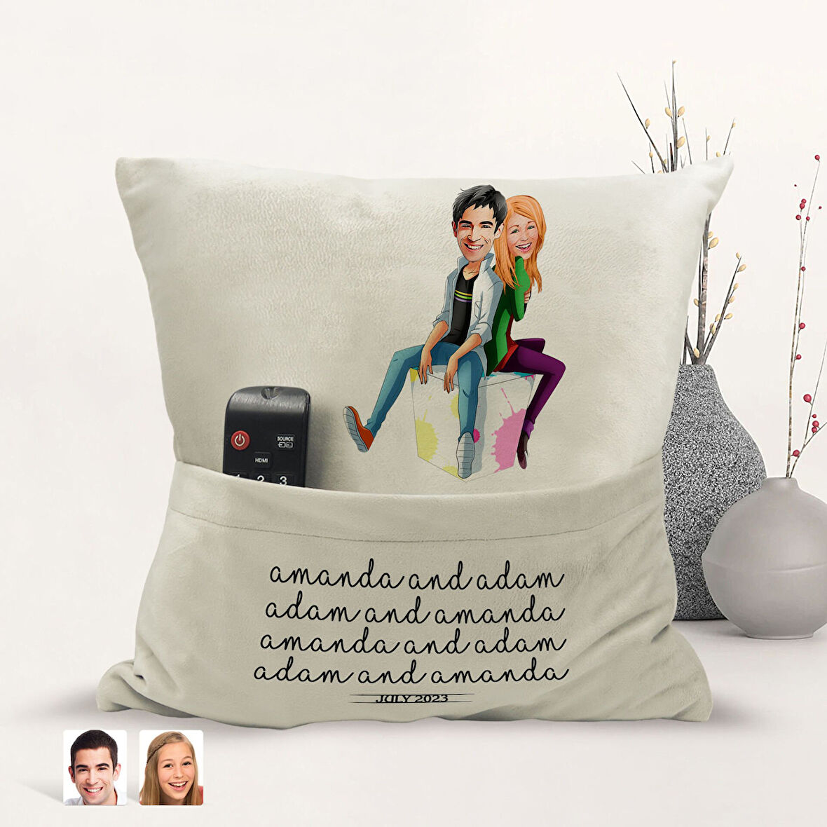 BK Gift Kişiye Özel Sevgililer Karikatür Tasarımlı Organizer Kumanda ve Atıştırmalık Cepli Sarı Kırl