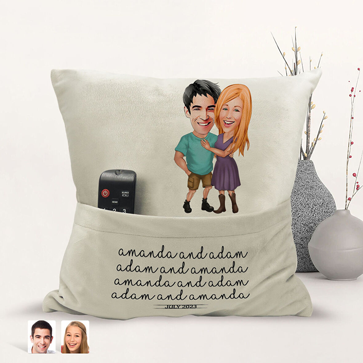 BK Gift Kişiye Özel Sevgililer Karikatür Tasarımlı Organizer Kumanda ve Atıştırmalık Cepli Sarı Kırl