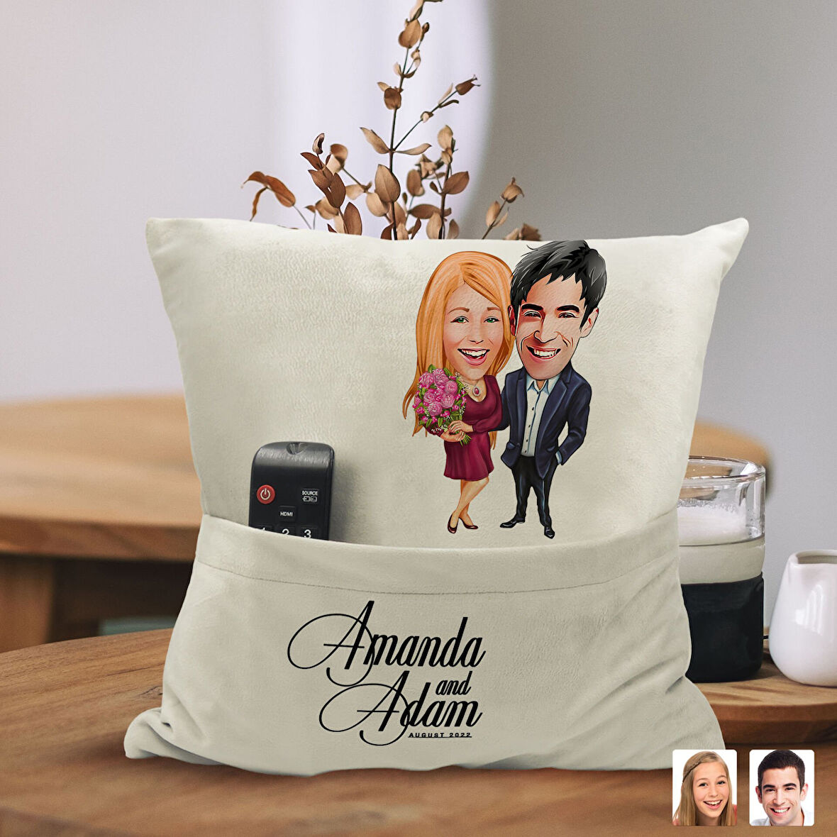 BK Gift Kişiye Özel Sevgililer Karikatür Tasarımlı Organizer Kumanda ve Atıştırmalık Cepli Sarı Kırl