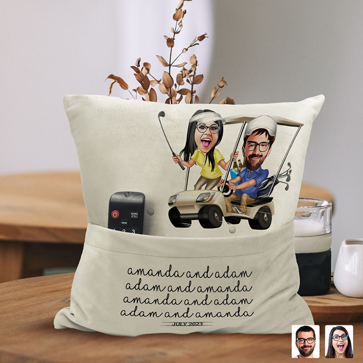 BK Gift Kişiye Özel Sevgililer Karikatür Tasarımlı Organizer Kumanda ve Atıştırmalık Cepli Sarı Kırl